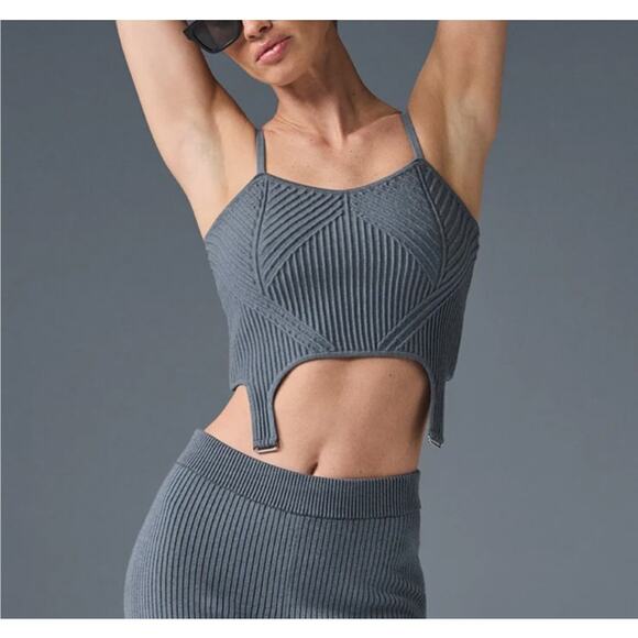 ALO Yoga Tops - Alo Denim Knit Garter Tank Steel Gray / Anthracite Small